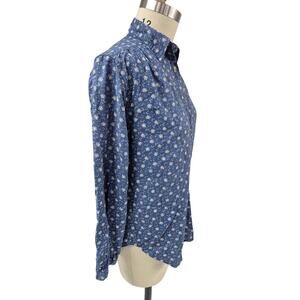 Chaps Denim 100% Cotton Pullover Prairie Blouse Blue/White Floral Sz S